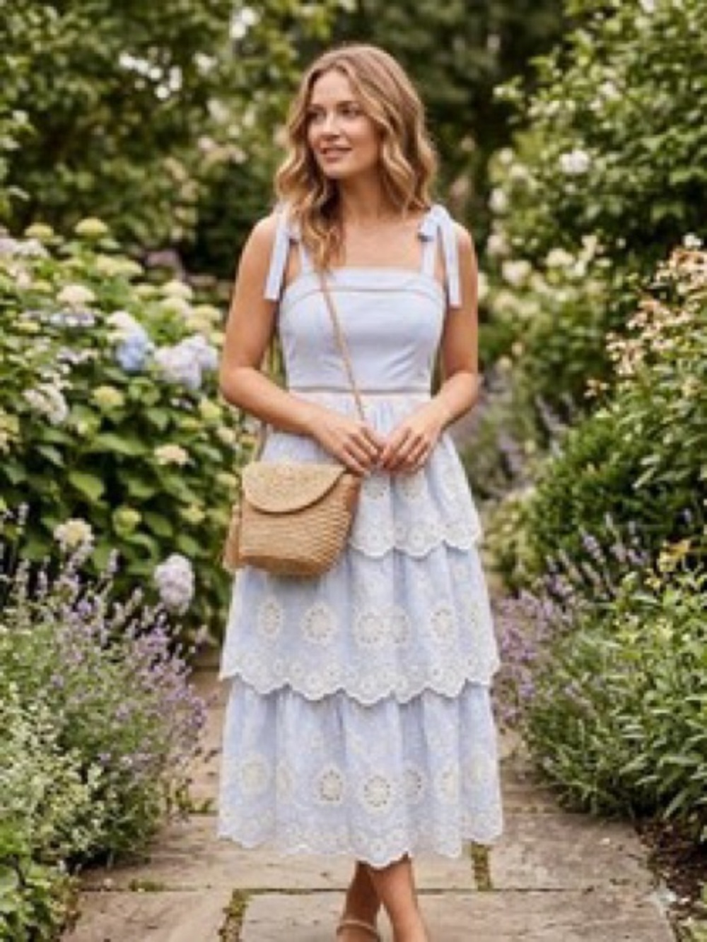 Just Me Stunning Blue/White Floral Embroidered Tiered Midi Dress Size Small